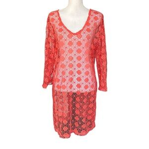 Portocruz V-neck Long Sleeve Lace Swim Coverup Dress Women’s SZ XL in Coral